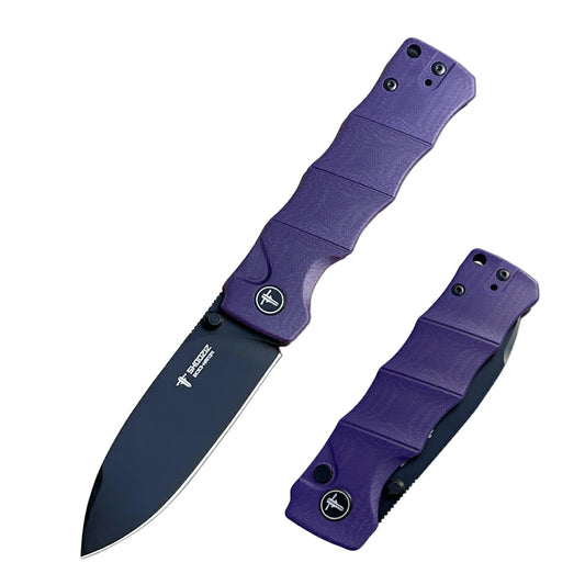 SHOOZIZ™ HAN311-PGB,Button Lock,3.51"DC53 Steel Black PVD Blade,Purple G10 Handle