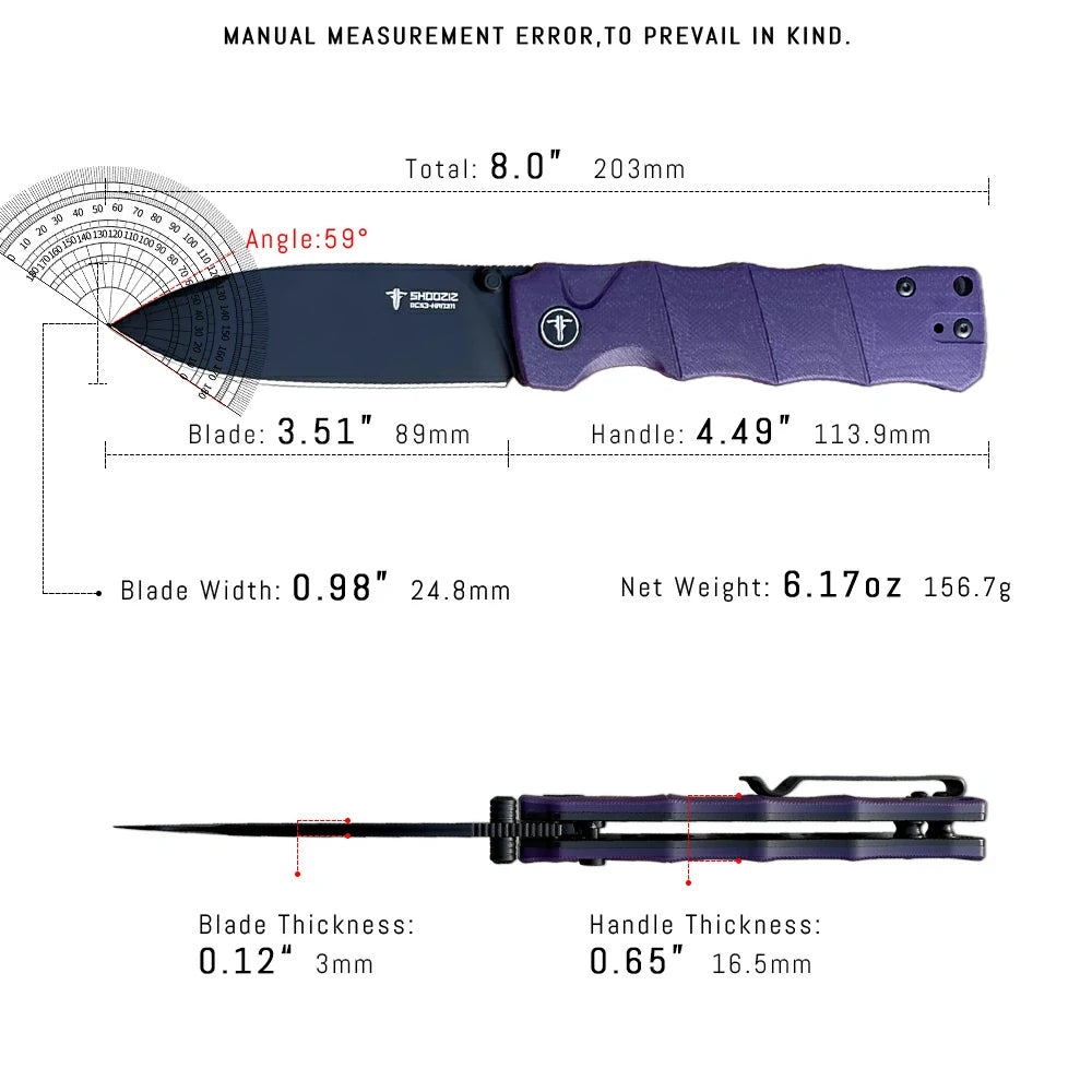 SHOOZIZ™ HAN311-PGB,Button Lock,3.51"DC53 Steel Black PVD Blade,Purple G10 Handle