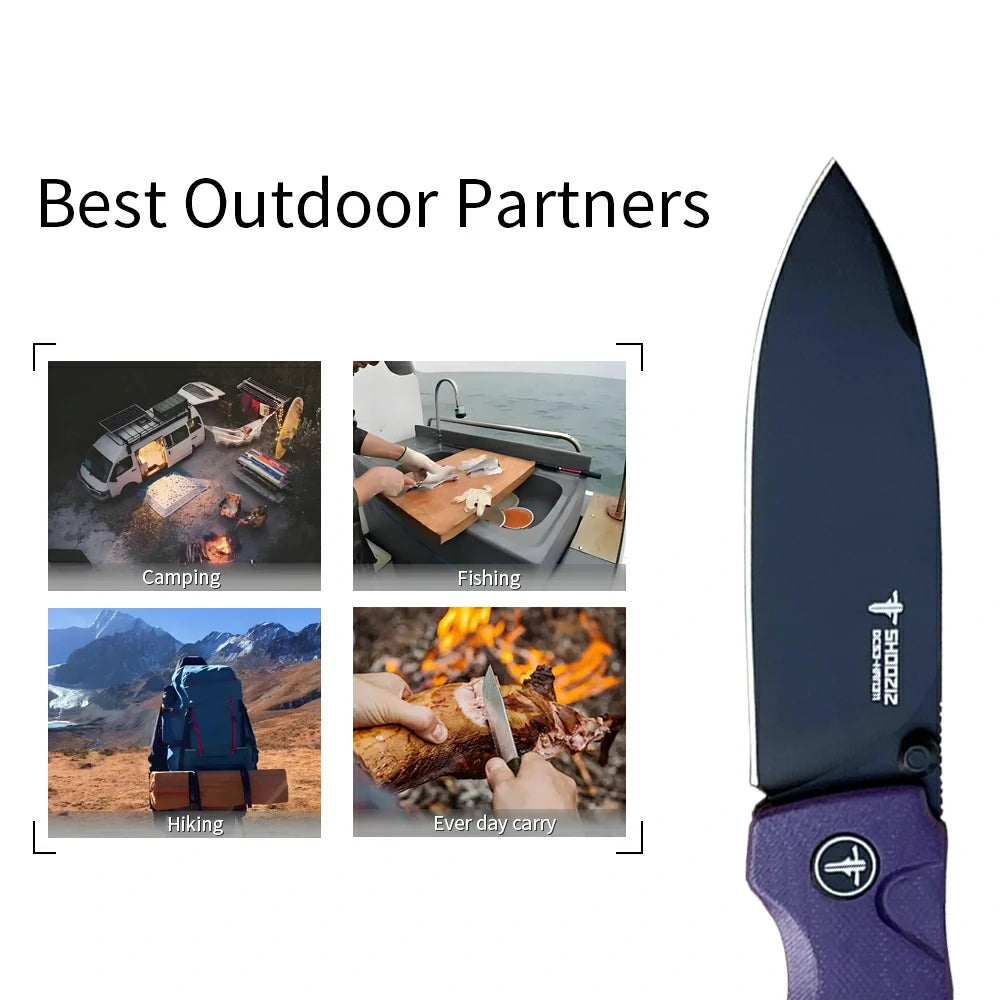 SHOOZIZ™ HAN311-PGB,Button Lock,3.51"DC53 Steel Black PVD Blade,Purple G10 Handle