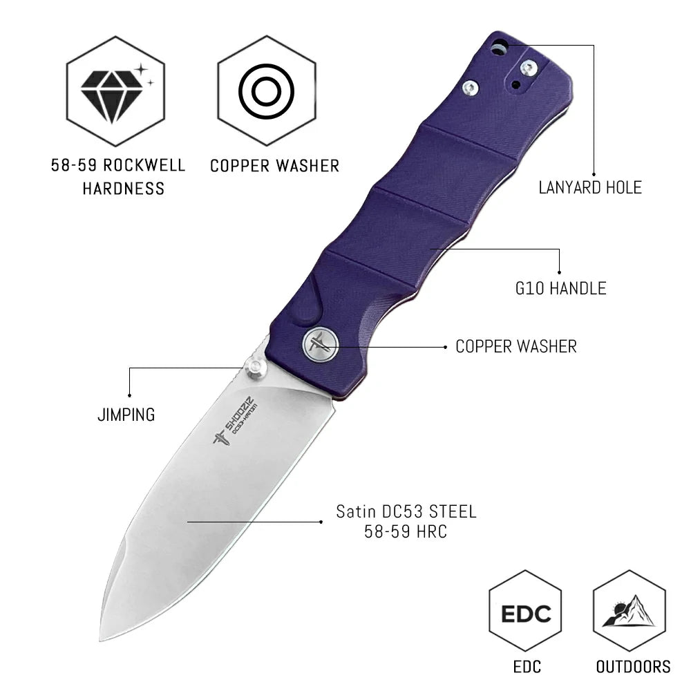 SHOOZIZ™ HAN311-PGS,Button Lock,3.51"DC53 Steel Satin Blade,Purple G10 Handle