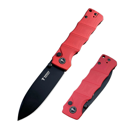SHOOZIZ™ HAN311-RGB,Button Lock,3.51"DC53 Steel Black PVD Blade,Red G10 Handle