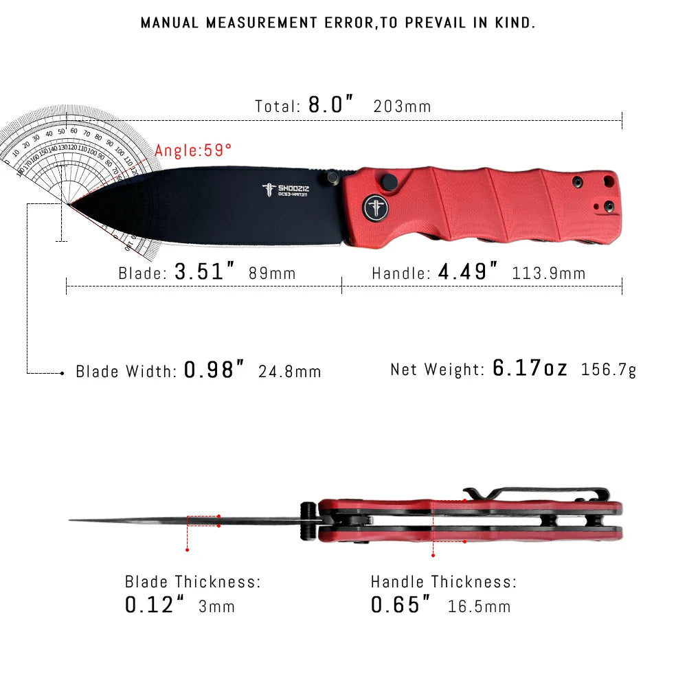 SHOOZIZ™ HAN311-RGB,Button Lock,3.51"DC53 Steel Black PVD Blade,Red G10 Handle