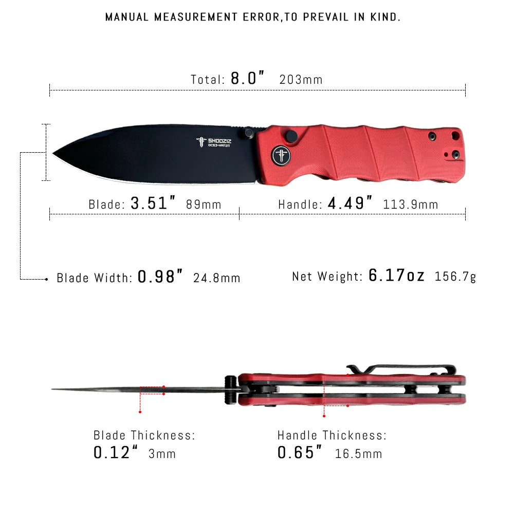 SHOOZIZ™ HAN311-RGB,Button Lock,3.51"DC53 Steel Black PVD Blade,Red G10 Handle