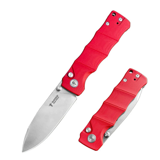 SHOOZIZ™ HAN311-RGS,Button Lock,3.51"DC53 Steel Satin Blade,Red G10 Handle