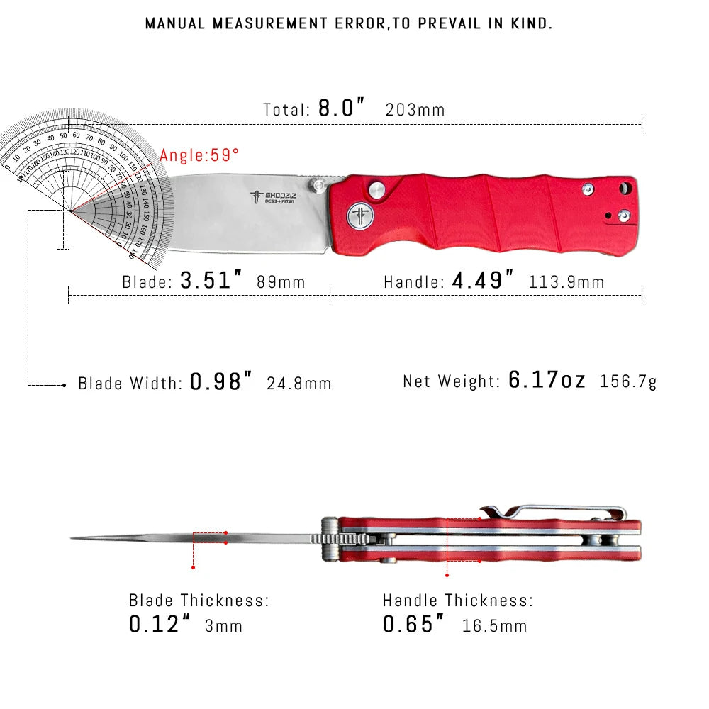 SHOOZIZ™ HAN311-RGS,Button Lock,3.51"DC53 Steel Satin Blade,Red G10 Handle