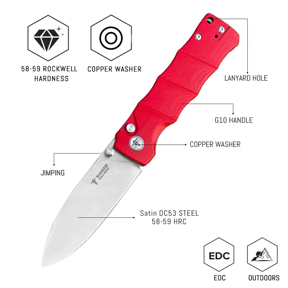 SHOOZIZ™ HAN311-RGS,Button Lock,3.51"DC53 Steel Satin Blade,Red G10 Handle