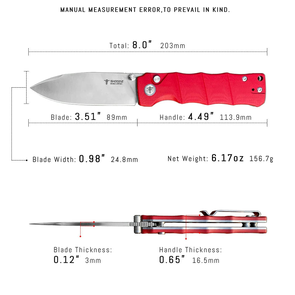 SHOOZIZ™ HAN311-RGS,Button Lock,3.51"DC53 Steel Satin Blade,Red G10 Handle