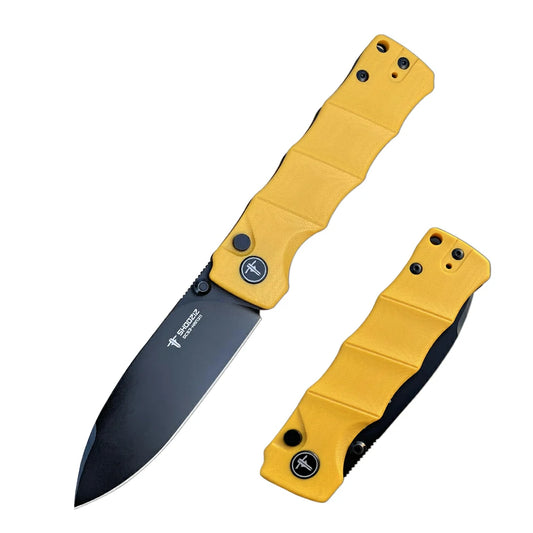 SHOOZIZ™ HAN311-YGB,Button Lock,3.51"DC53 Steel Black PVD Blade,Yellow G10 Handle