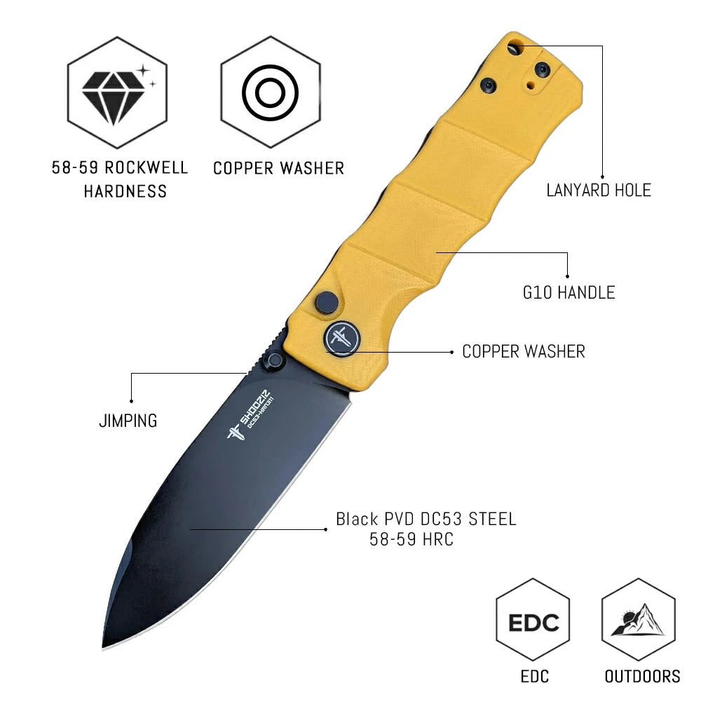 SHOOZIZ™ HAN311-YGB,Button Lock,3.51"DC53 Steel Black PVD Blade,Yellow G10 Handle