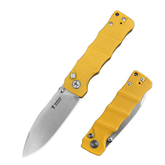 SHOOZIZ™ HAN311-YGS,Button Lock,3.51"DC53 Steel Satin Blade,Yellow G10 Handle