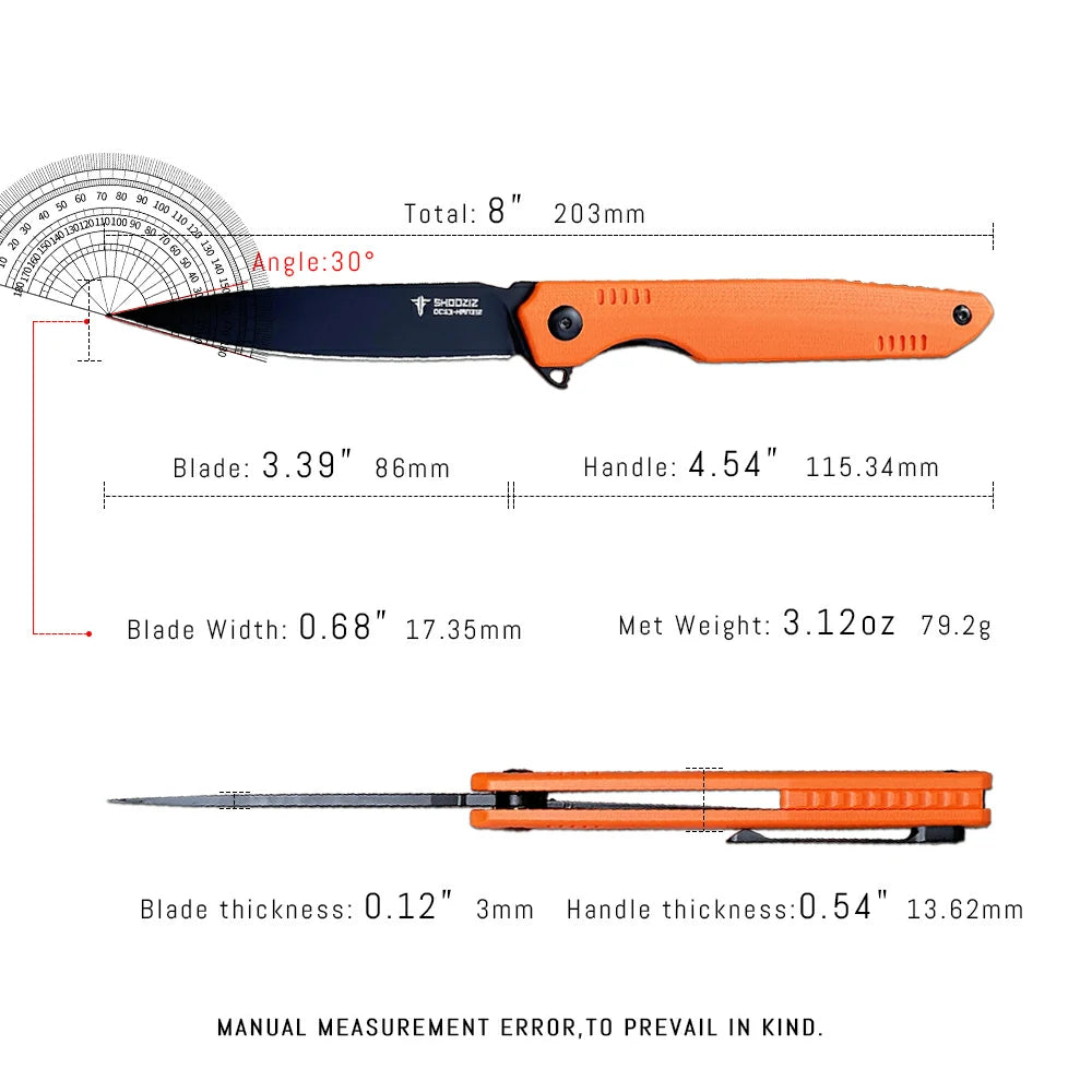 SHOOZIZ™ HAN312-OGB,Liner Lock,3.39"DC53 Steel Black PVD Blade,Orange G10 Handle