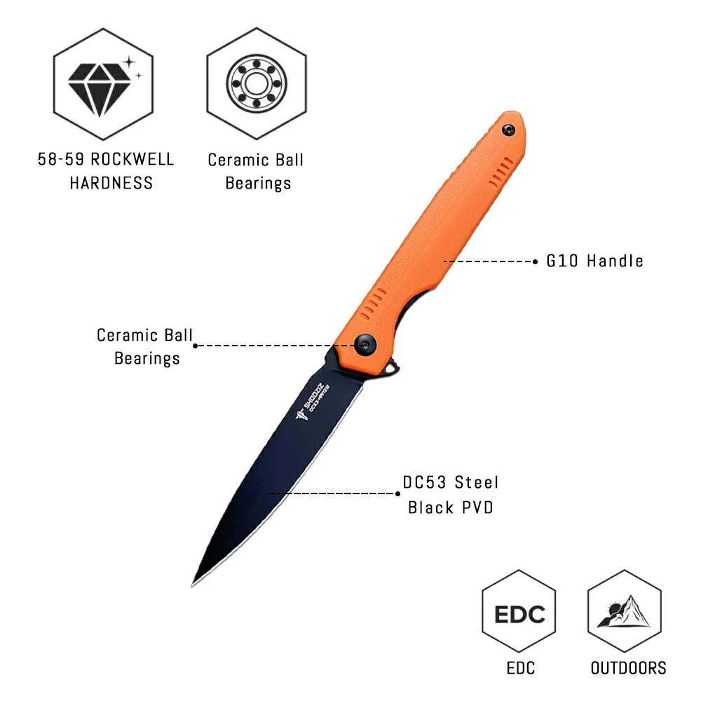 SHOOZIZ™ HAN312-OGB,Liner Lock,3.39"DC53 Steel Black PVD Blade,Orange G10 Handle