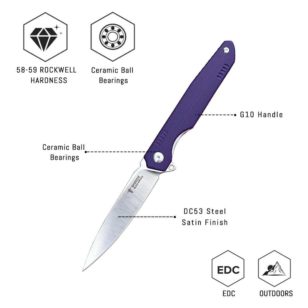 SHOOZIZ™ HAN312-PGS,Liner Lock,3.39"DC53 Steel Satin Blade,purple G10 Handle