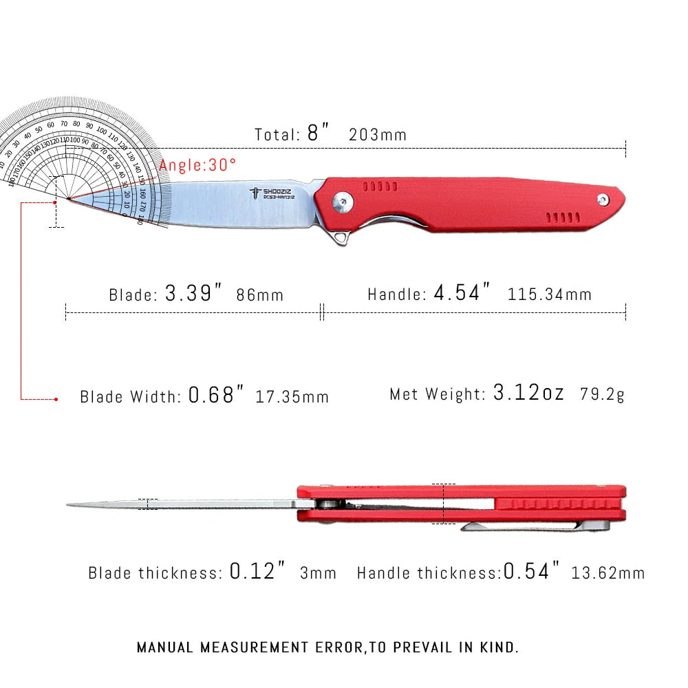 SHOOZIZ™ HAN312-RGS,Liner Lock,3.39"DC53 Steel Satin Blade,Red G10 Handle