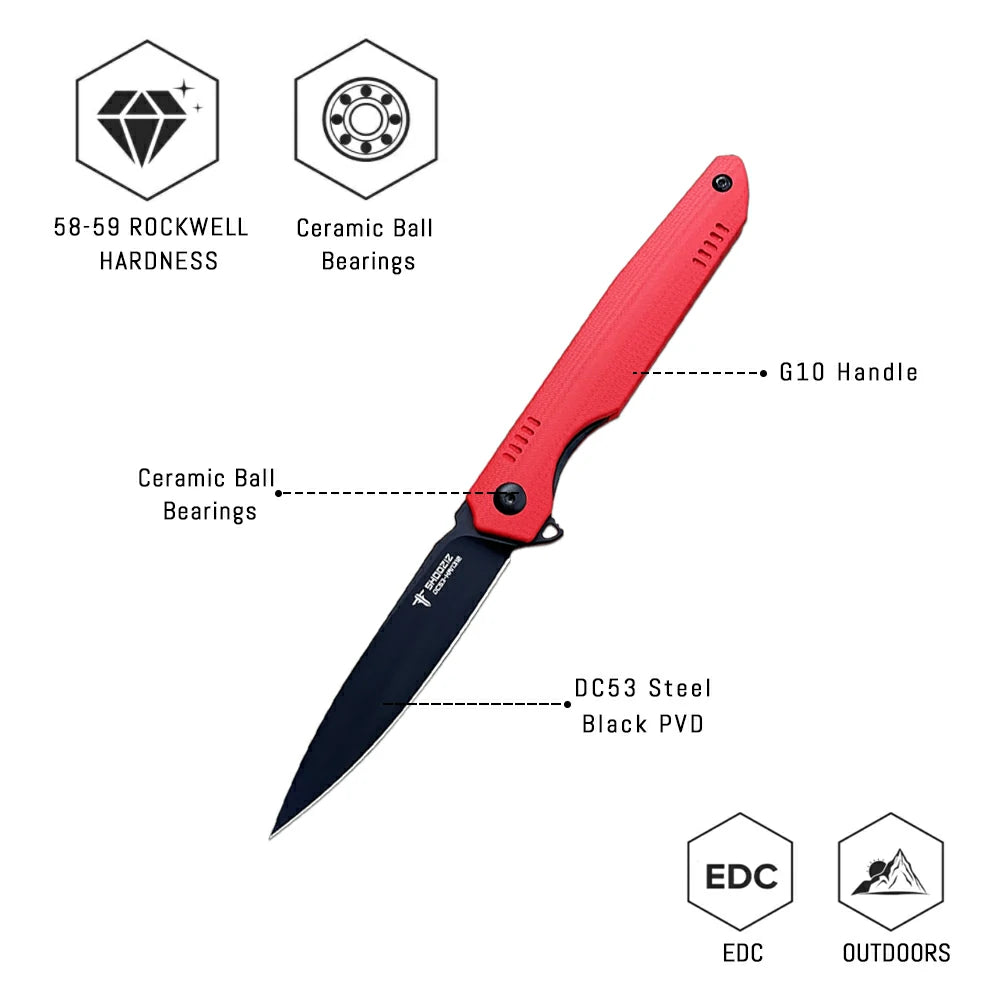 SHOOZIZ™ HAN312-RGB,Liner Lock,3.39"DC53 Steel Black PVD Blade,Red G10 Handle