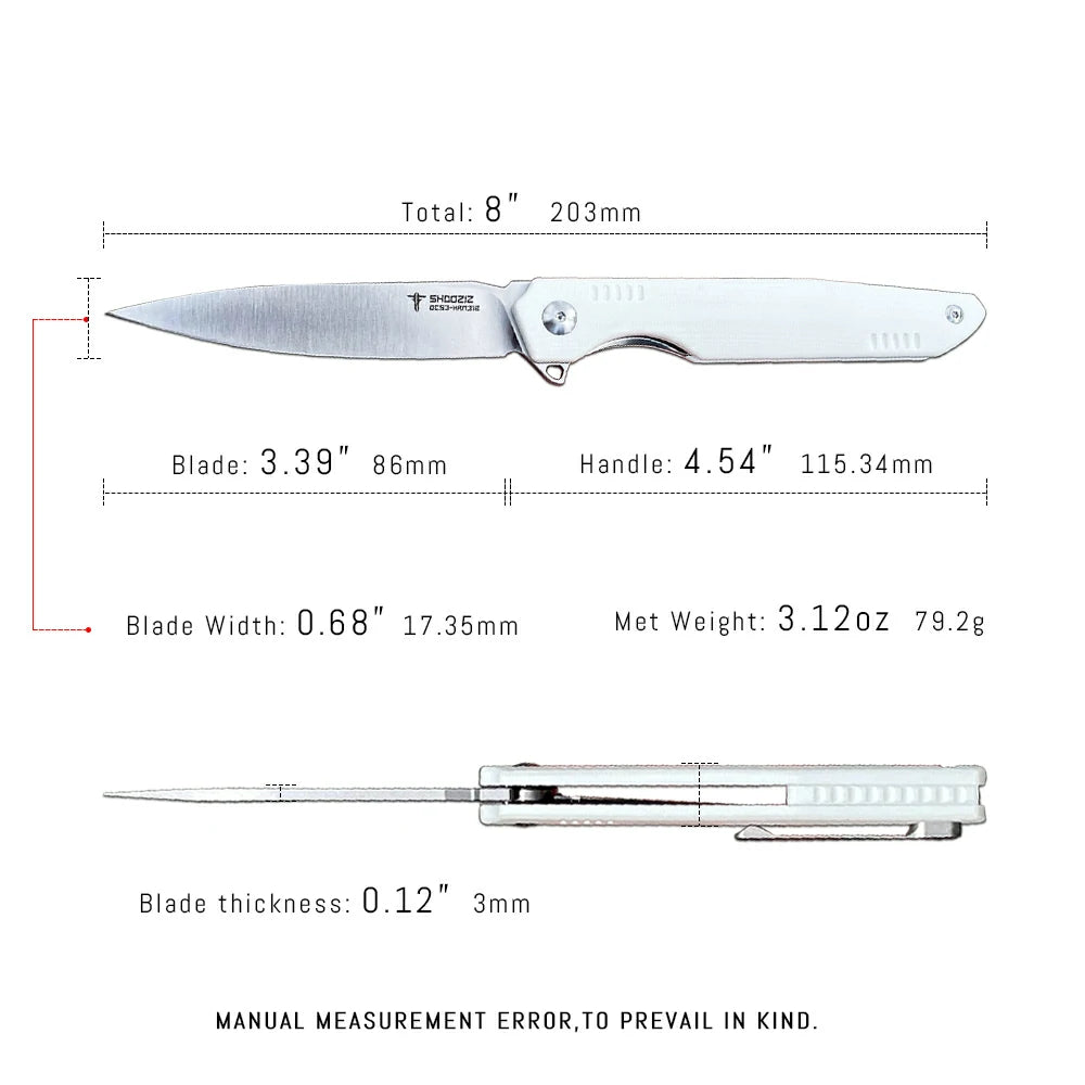SHOOZIZ™ HAN312-WGS,Liner Lock,3.39"DC53 Steel Satin Blade,White G10 Handle