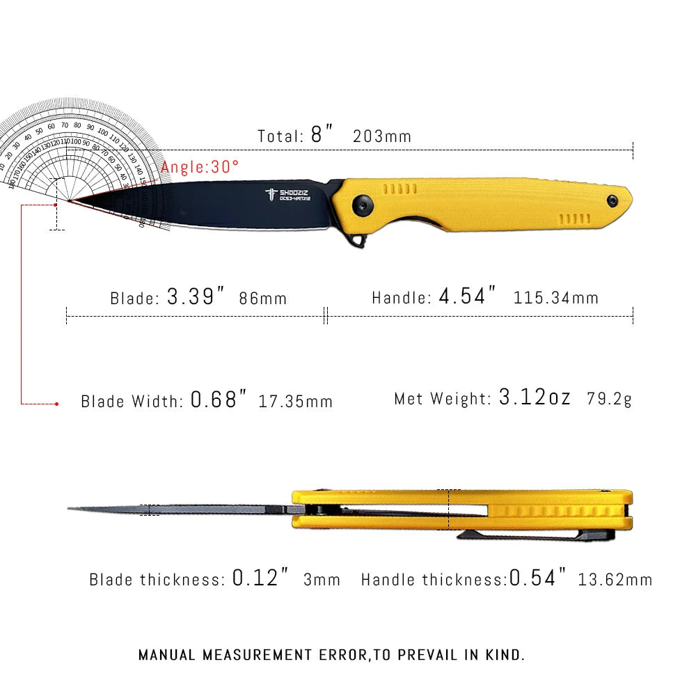 SHOOZIZ™ HAN312-YGB,Liner Lock,3.39"DC53 Steel Black PVD Blade,Yellow G10 Handle