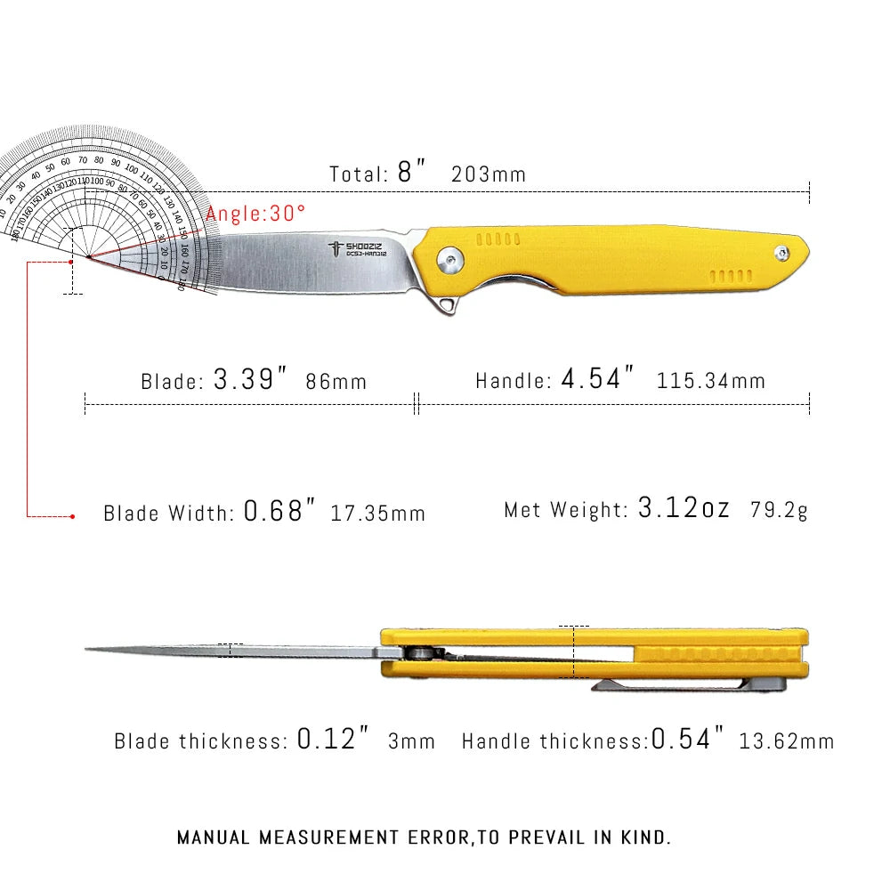 SHOOZIZ™ HAN312-YGS,Liner Lock,3.39"DC53 Steel Satin Blade,Yellow G10 Handle