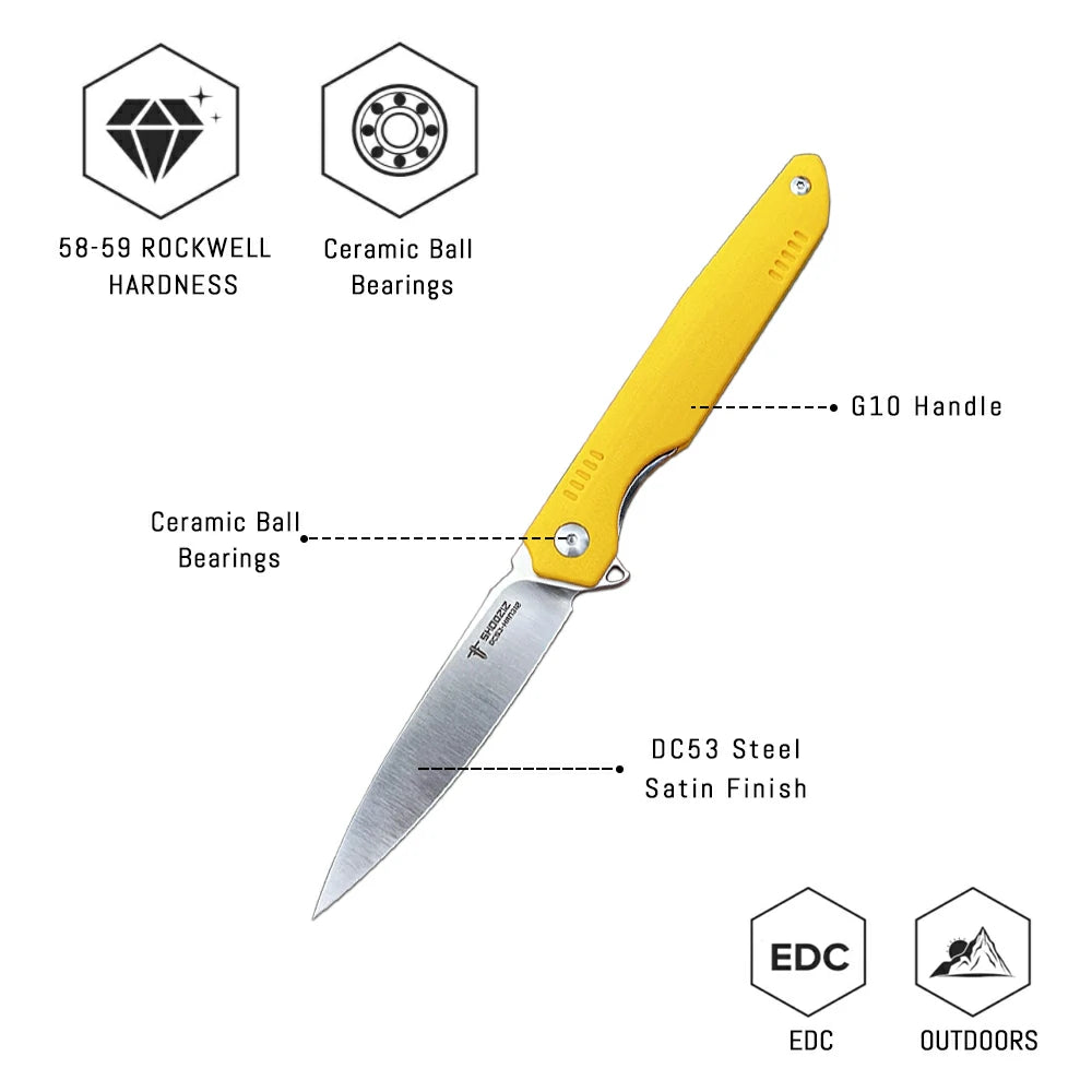 SHOOZIZ™ HAN312-YGS,Liner Lock,3.39"DC53 Steel Satin Blade,Yellow G10 Handle