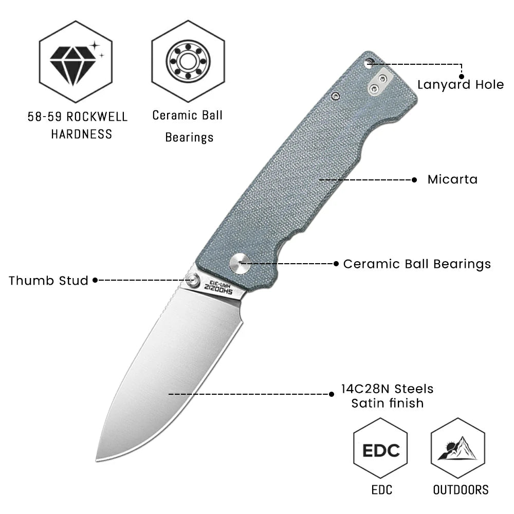 SHOOZIZ™ HAN313-GMS,Liner Lock,3.51"14C28N Steel Satin Blade,Green Micarta Handle
