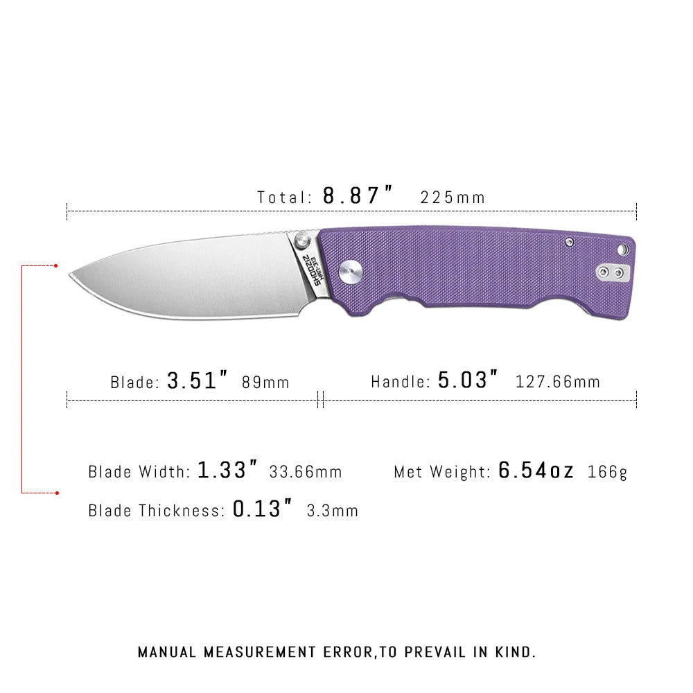 SHOOZIZ™ HAN313-PGS,Liner Lock,3.51"14C28N Steel Satin Blade,purple G10 Handle