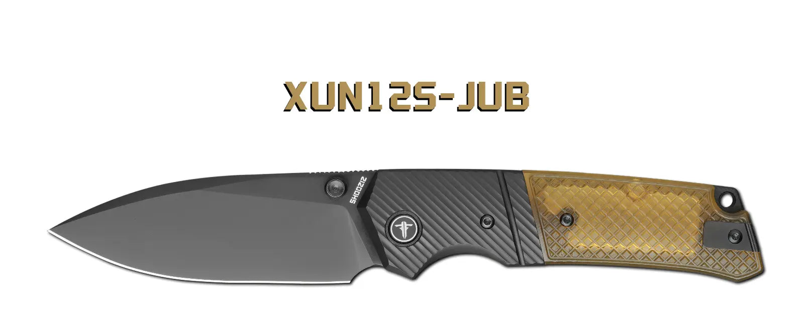 Right side of slider: SHOOZIZ XUN125-JUB folding knife with black PVD 14C28N blade and translucent Ultem handle. Demonstrates mix-and-match design within the same series.