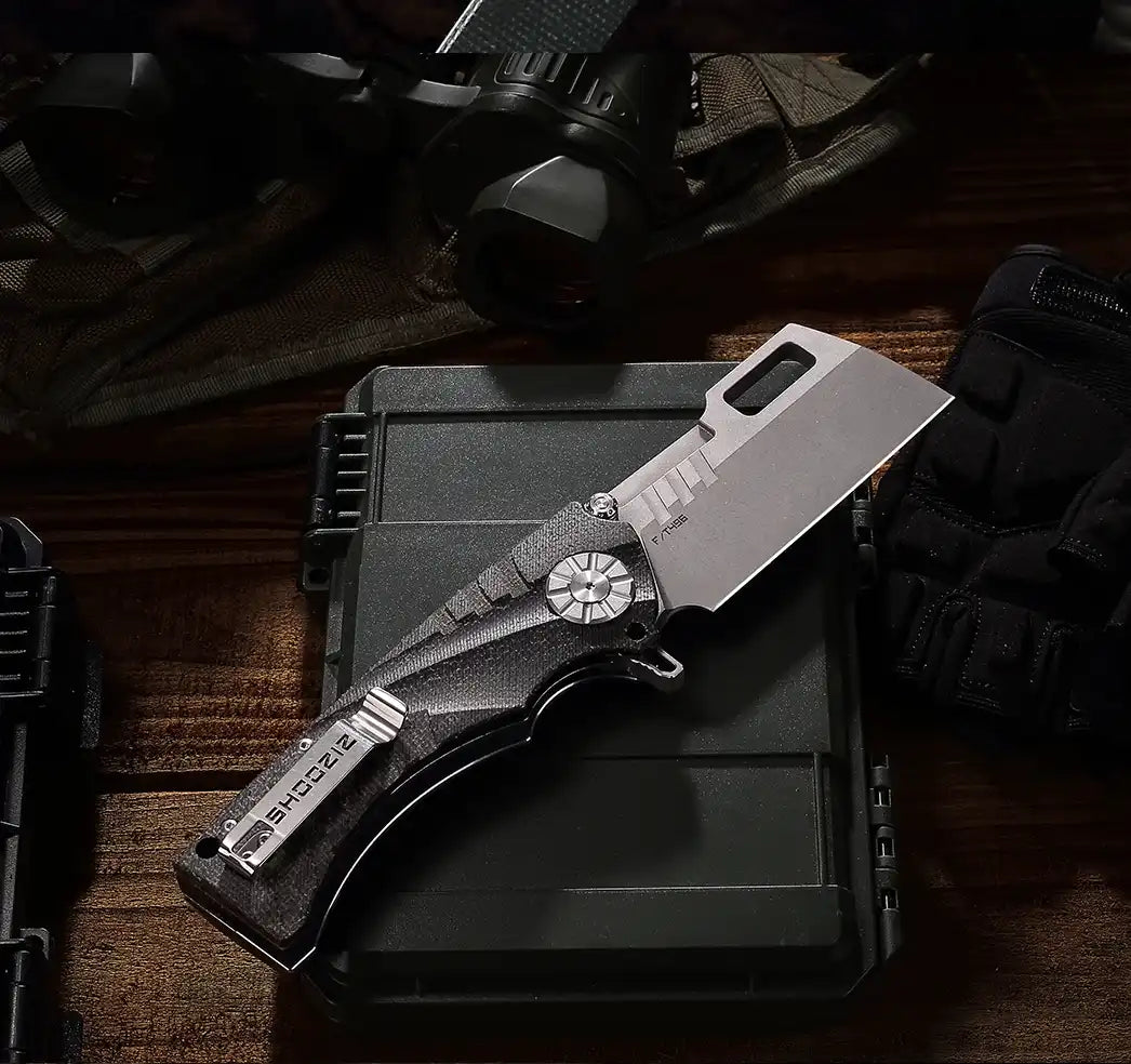 Background image for Best Selling Blades section, featuring SHOOZIZ HAN317 series folding knife with red G10 handle and black PVD DC53 blade, popular EDC choice.