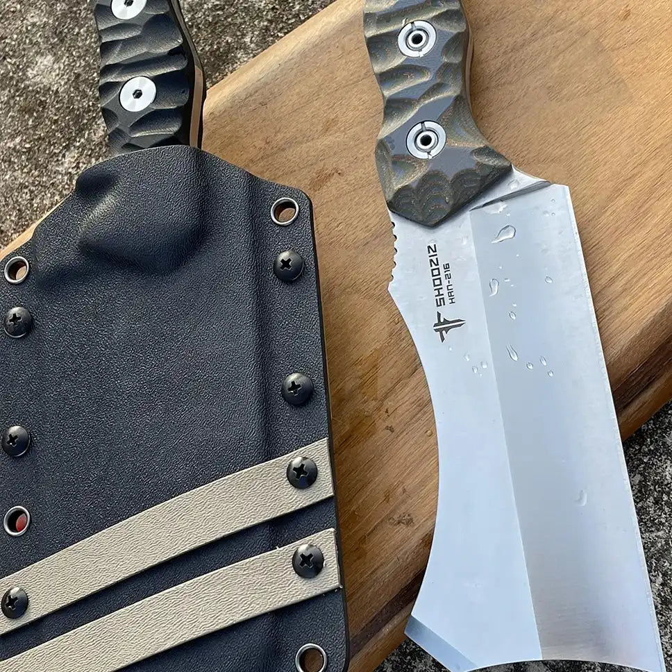 SHOOZIZ FIXED Series collection display featuring HAN216 fixed blade knife, satin 8Cr14MoV steel blade with black G10 handle, rugged outdoor and tactical knife.