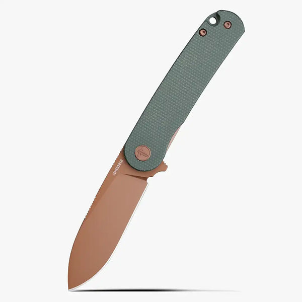 SHOOZIZ HAN309-GMRG exclusive EDC folding knife with green Micarta handle and rose gold PVD coated D2 steel blade, SHOOZIZ first rose gold premium edition