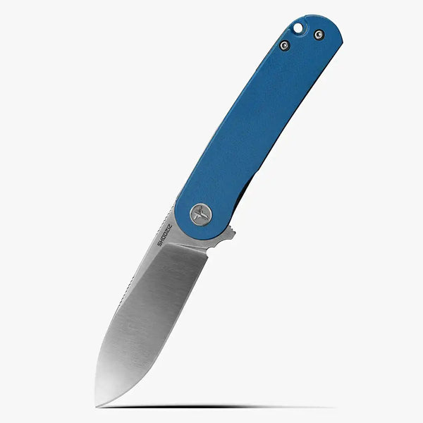 SHOOZIZ HAN309-LGS tactical EDC folding knife with blue G10 handle and satin finished D2 steel blade, crisp durable design for everyday carry utility