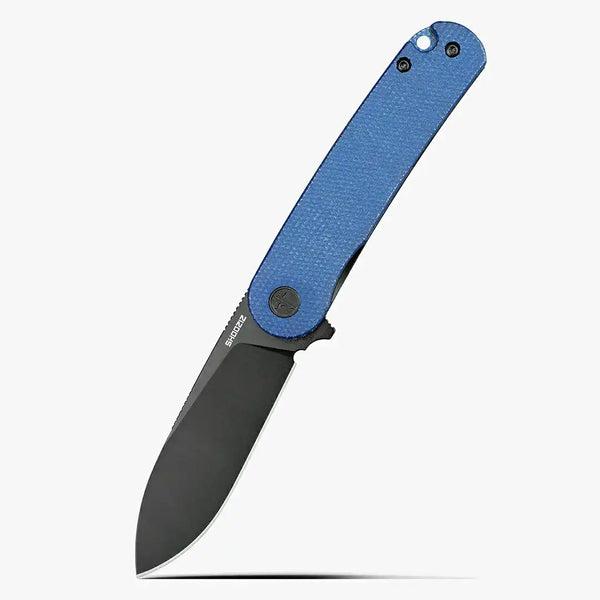 SHOOZIZ HAN309-LMB elegant EDC folding knife with blue Micarta handle and black PVD coated D2 steel blade, sophisticated design for everyday carry collection