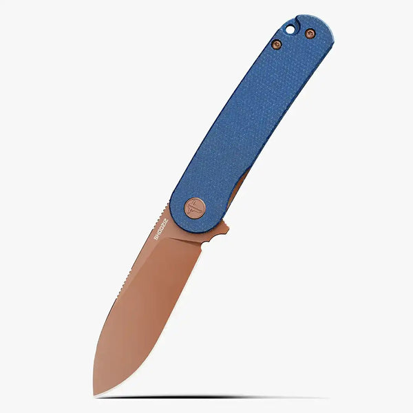 SHOOZIZ HAN309-LMRG exclusive EDC folding knife with blue Micarta handle and rose gold PVD coated D2 steel blade, SHOOZIZ first rose gold finish limited edition