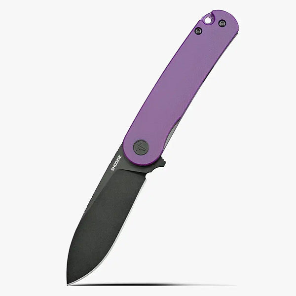 SHOOZIZ HAN309-PGB bold EDC folding knife with purple G10 handle and black PVD coated D2 steel blade, striking color contrast for everyday carry enthusiasts