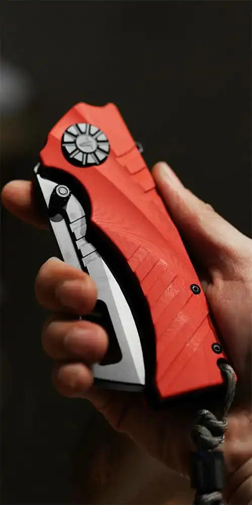 Mobile banner showcasing SHOOZIZ HAN317-RGB folding knife, G10 handle, black PVD blade, EDC pocket knife.