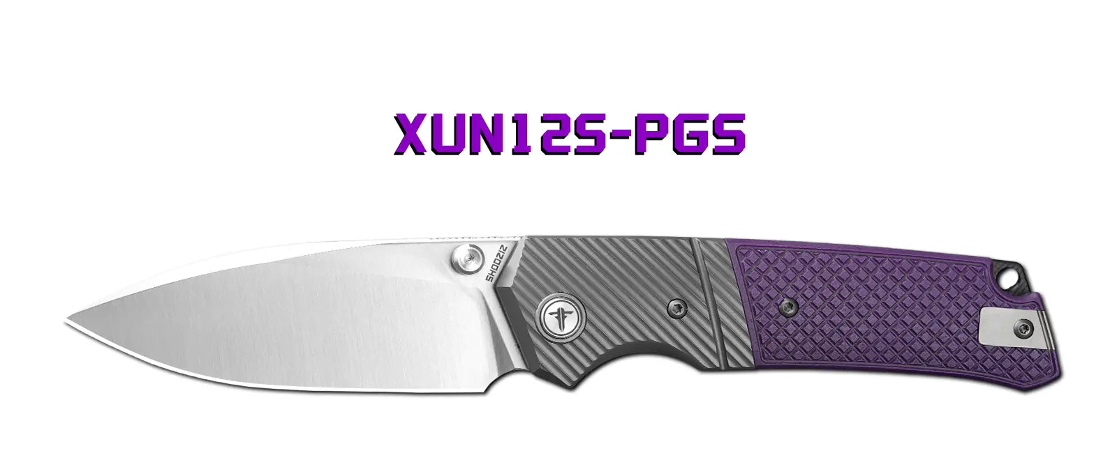 Left side of slider: SHOOZIZ XUN125-PGS folding knife with satin 14C28N blade and purple G10 handle. One of multiple customizable configurations in XUN125 series.