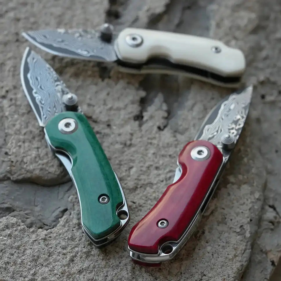 SHOOZIZ YA Series showcase featuring YA01 model with Damascus steel blade and OX handle, collector’s EDC folding knife.
