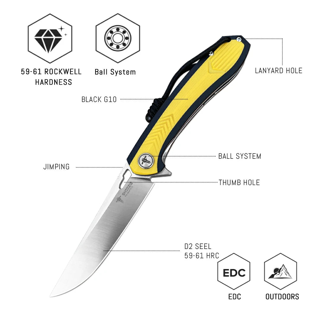 SHOOZIZ™ XUN110-YBGS,Liner Lock,3.55"D2 Steel Satin Blade,Yellow+ Black G10 Handle