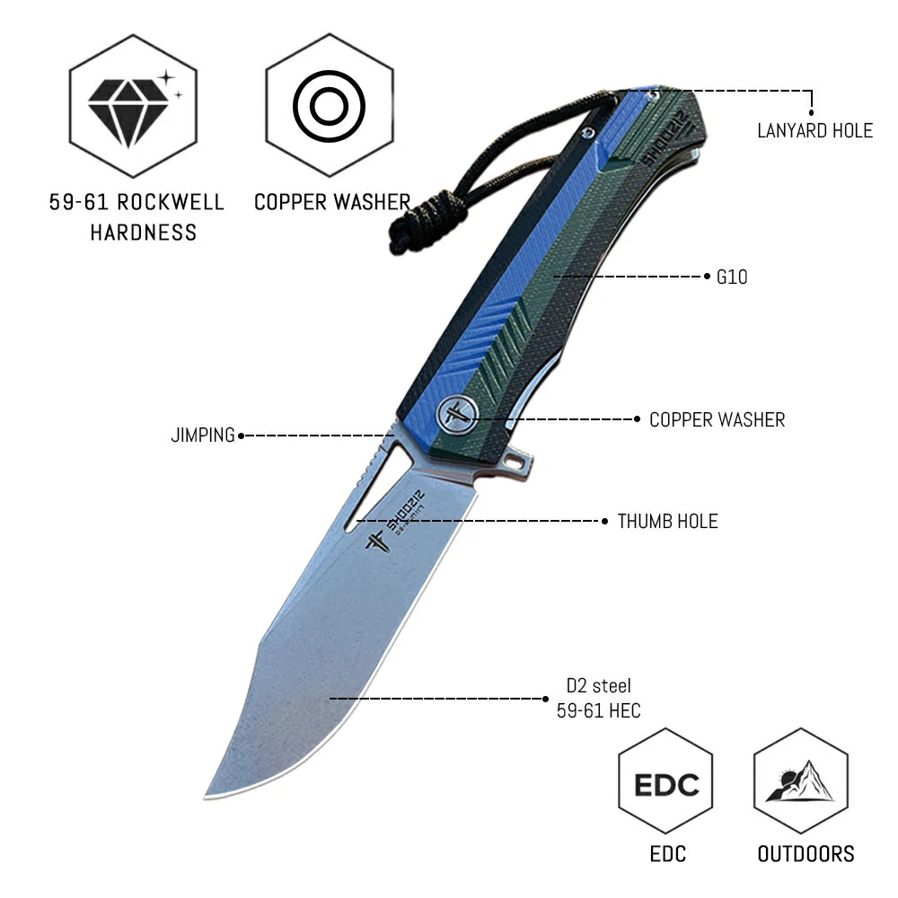 SHOOZIZ™ XUN117-LGBGSt,Liner Lock,3.39"D2 Steel Stonewash Blade,Blue+Green+BLack G10 Handle