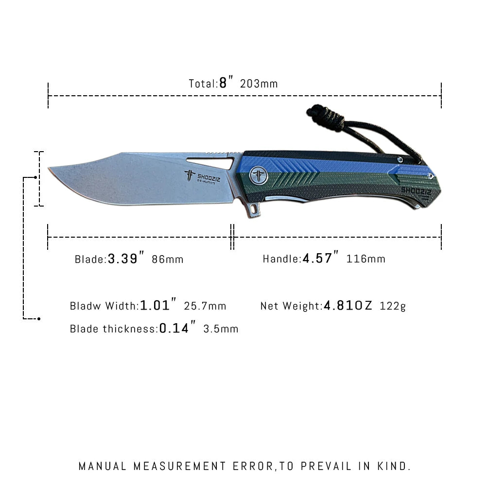 SHOOZIZ™ XUN117-LGBGSt,Liner Lock,3.39"D2 Steel Stonewash Blade,Blue+Green+BLack G10 Handle