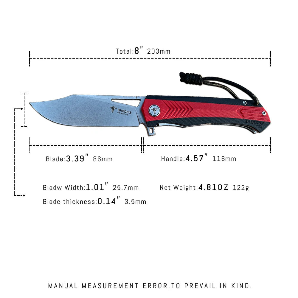 SHOOZIZ™ XUN117-RBGSt,Liner Lock,3.39"D2 Steel Stonewash Blade,Red+BLack G10 Handle
