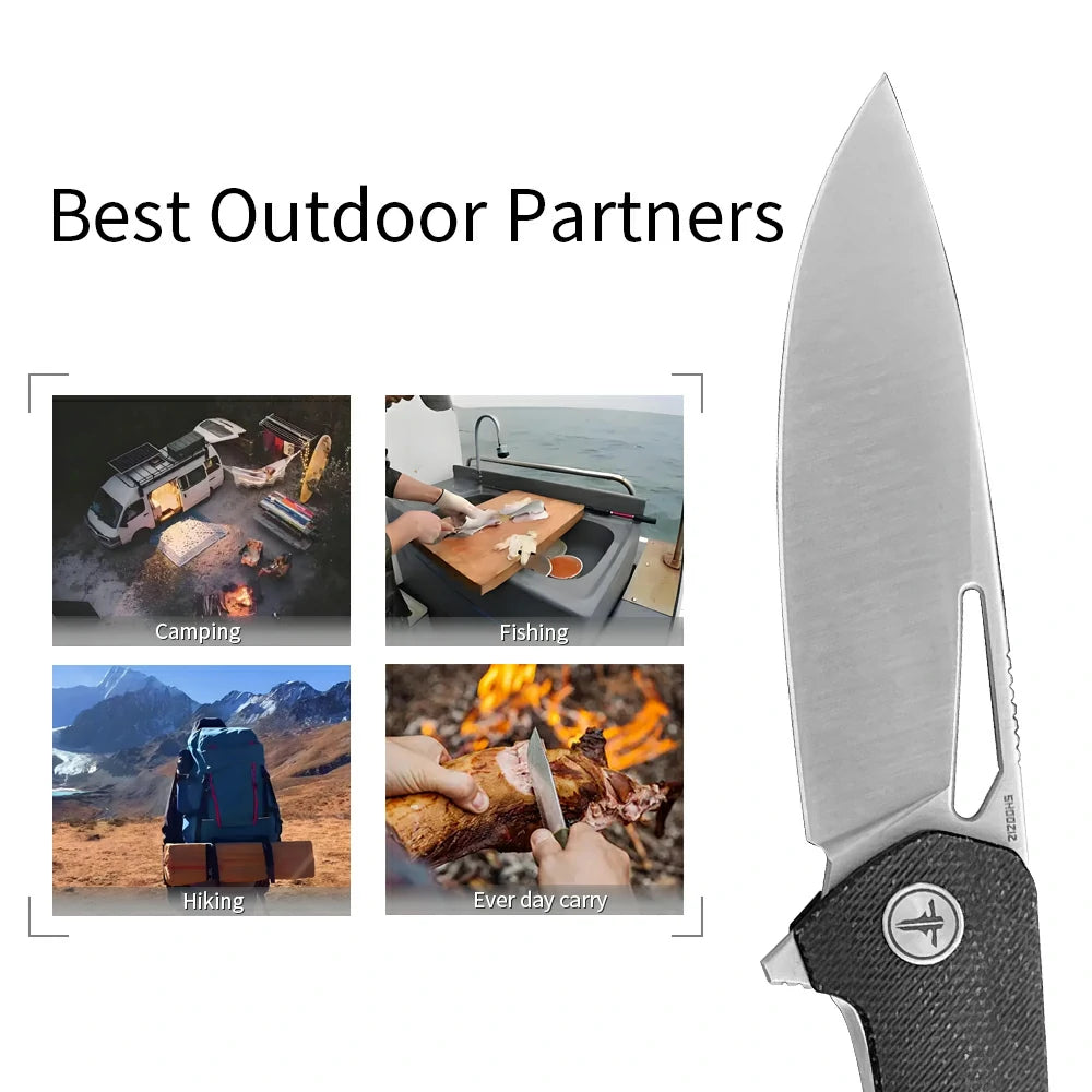 SHOOZIZ™ XUN120-BMS,Liner Lock,3.55"D2 Steel Satin Blade,Black Micarta Handle