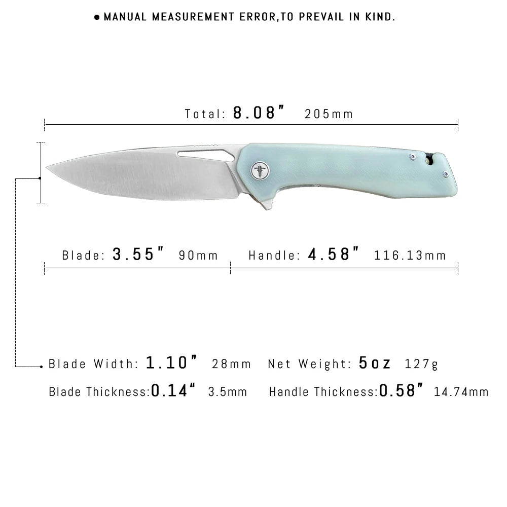 SHOOZIZ™ XUN120-JGS,Liner Lock,3.55"D2 Steel Satin Blade,Jade G10 Handle