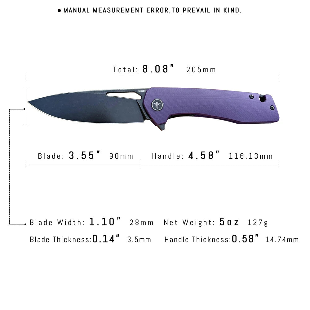 SHOOZIZ™ XUN120-PGB,Liner Lock,3.55"D2 Steel Black PVD Blade,purple G10 Handle