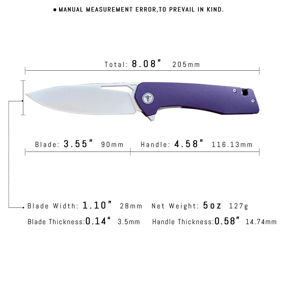 SHOOZIZ™ XUN120-PGS,Liner Lock,3.55"D2 Steel Satin Blade,purple G10 Handle