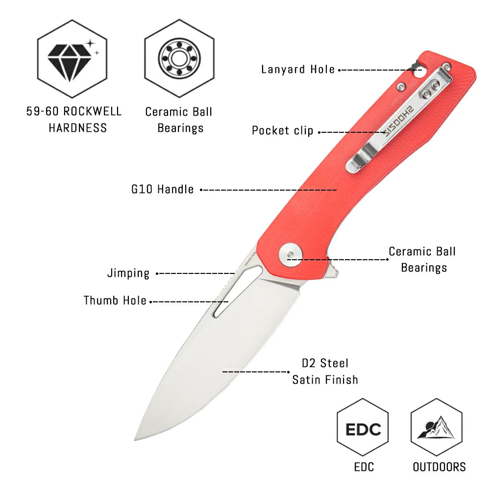 SHOOZIZ™ XUN120-RGS,Liner Lock,3.55"D2 Steel Satin Blade,Red G10 Handle