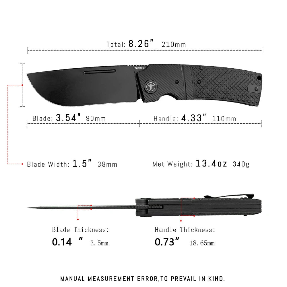 SHOOZIZ™ XUN122-BGB,Liner Lock,3.90"14C28N Steel Black PVD Blade,Black G10 Handle