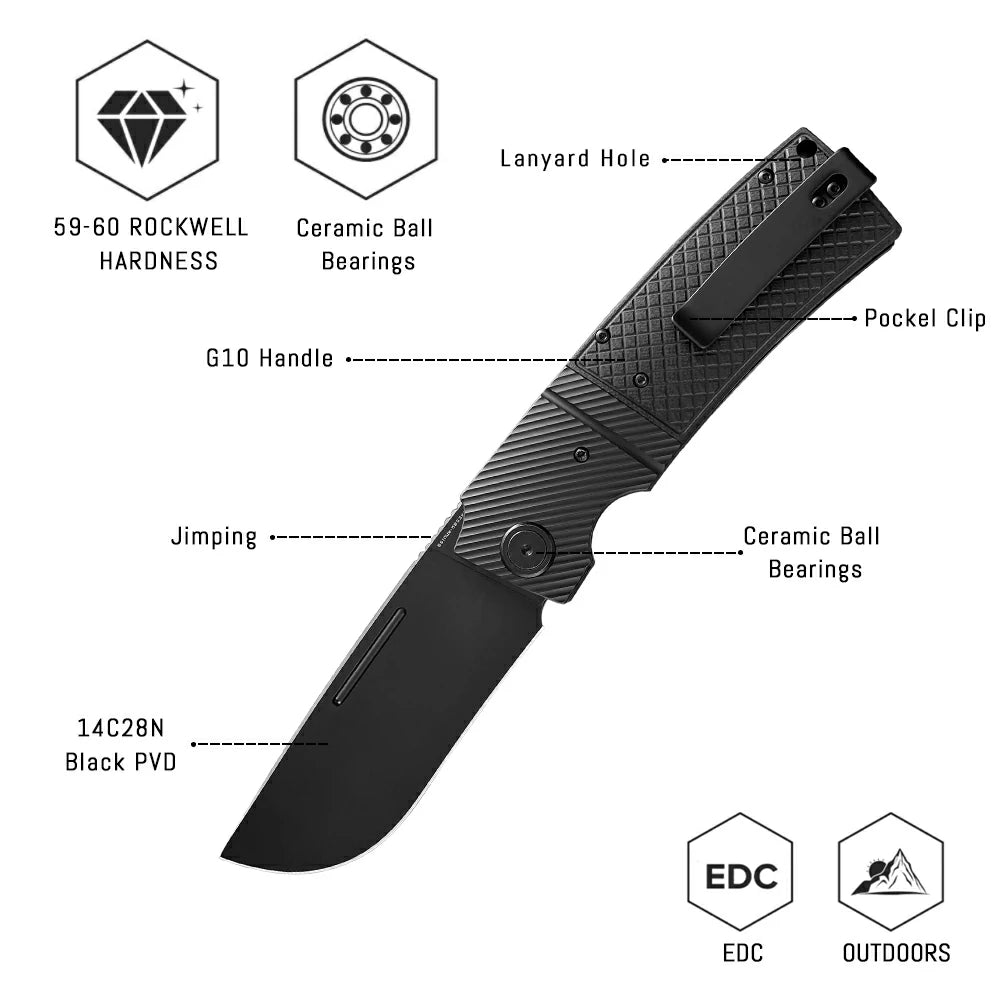 SHOOZIZ™ XUN122-BGB,Liner Lock,3.90"14C28N Steel Black PVD Blade,Black G10 Handle