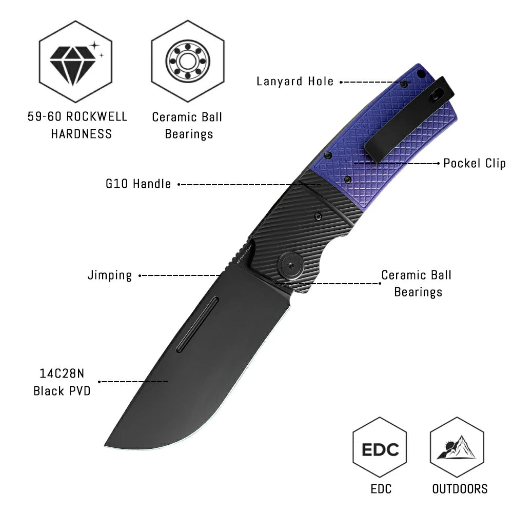SHOOZIZ™ XUN122-PGB,Liner Lock,3.90"14C28N Steel Black PVD Blade,purple G10 Handle