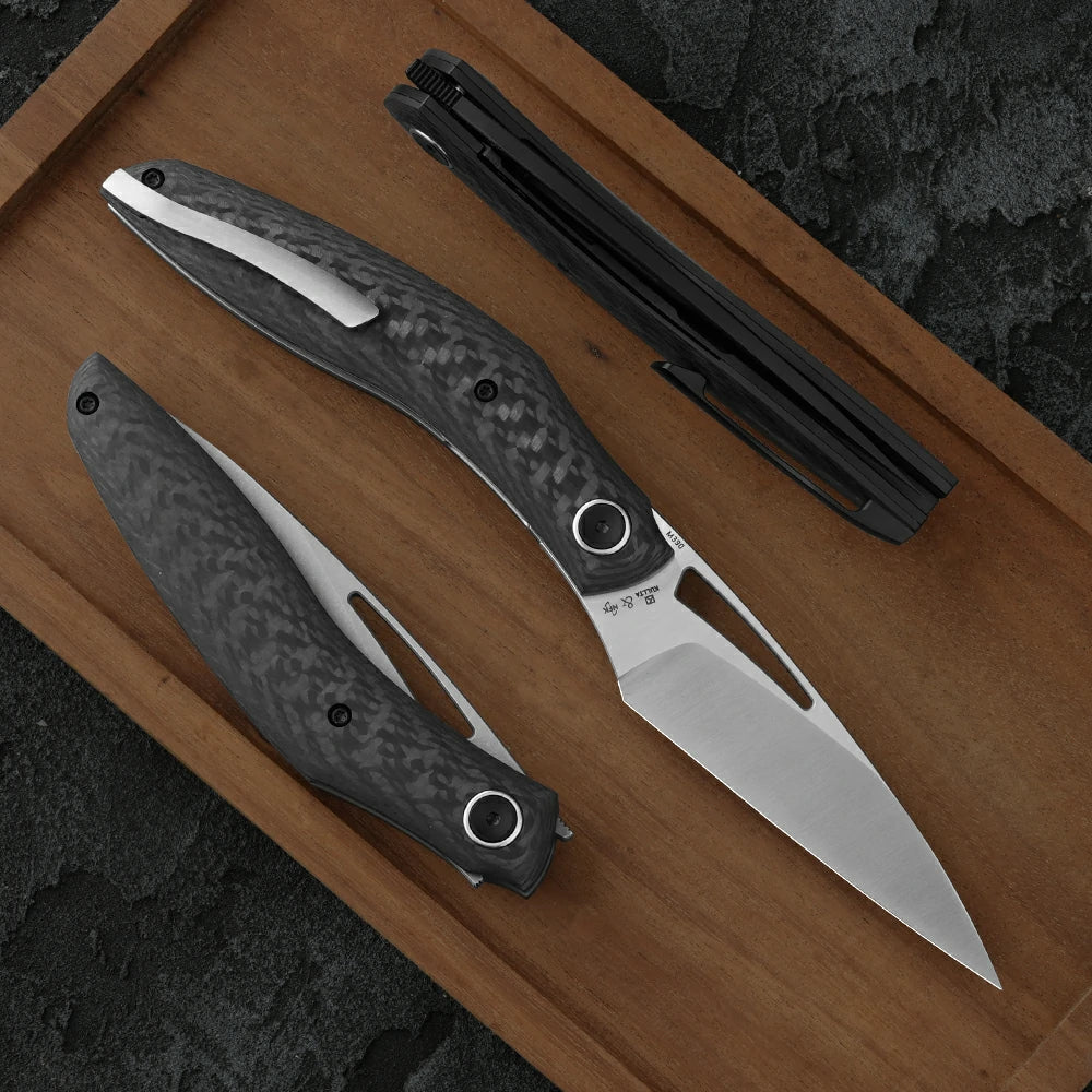 SHOOZIZ Garsia-CB carbon fiber handle folding knife, black PVD M390 blade, grey-black clip, liner lock, EDC