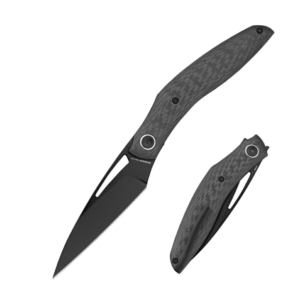 SHOOZIZ Garsia-CB EDC folding knife, SHOOZIZ x T.Kalashnikov x NFK, M390 steel blade with black PVD finish, carbon fiber handle,  titanium clip, liner lock, 3.15 inch blade, 3.41 oz